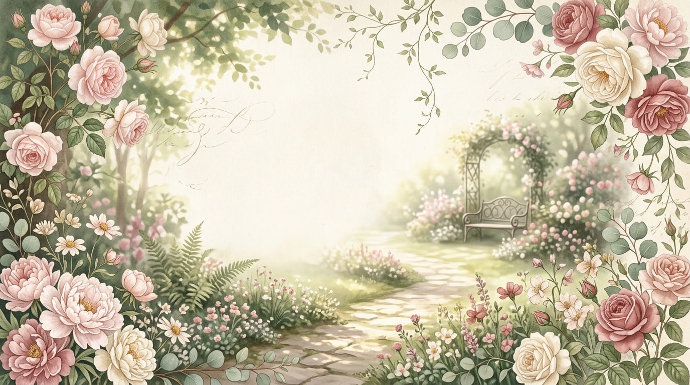 A sunlit garden path framed by blush roses, peonies, and soft greenery.